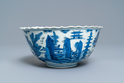 A Chinese blue and white 'pagoda landscape' bowl, Wanli