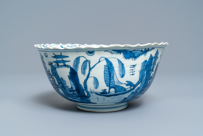 A Chinese blue and white 'pagoda landscape' bowl, Wanli