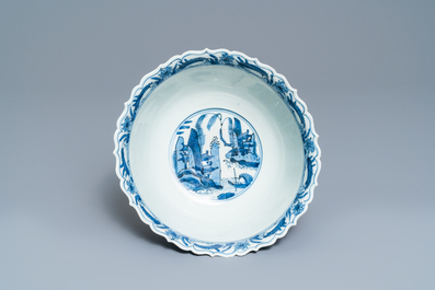 A Chinese blue and white 'pagoda landscape' bowl, Wanli