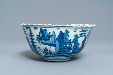 A Chinese blue and white 'pagoda landscape' bowl, Wanli