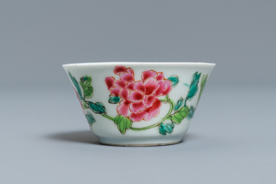 A Chinese famille rose 'double-headed eagle' cup and saucer for the Spanish or Mexican market, Yongzheng/Qianlong