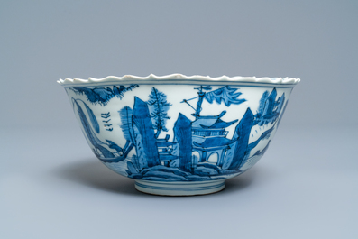 A Chinese blue and white 'pagoda landscape' bowl, Wanli