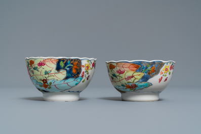A pair of Chinese famille rose 'Tobacco leaf' cups and saucers, Qianlong