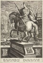 A blue, white and yellow Dutch Delft or Frisian maiolica 'Roman emperor on horseback' dish, 17th C.