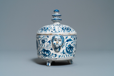 A blue and white covered bowl with applied mascaron handles, Harlingen, 18th C.