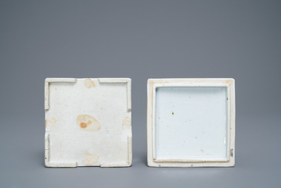 A square Chinese blue and white box and cover, Qianlong