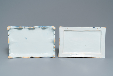 Een zeldzame blauw-witte Delftse sieradenkist met deksel, 18e eeuw