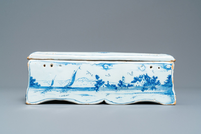 A rare Dutch Delft blue and white jewelry box and cover, 18th C.