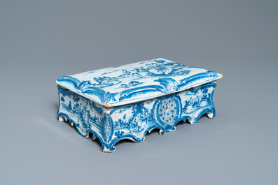 A rare Dutch Delft blue and white jewelry box and cover, 18th C.