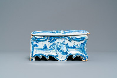 A rare Dutch Delft blue and white jewelry box and cover, 18th C.