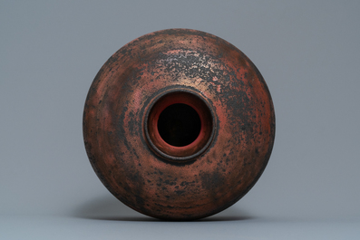 A brutalist vase with matte black and luster glazed relief design, Perignem, 2nd half 20th C.