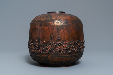 A brutalist vase with matte black and luster glazed relief design, Perignem, 2nd half 20th C.