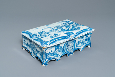 A rare Dutch Delft blue and white jewelry box and cover, 18th C.