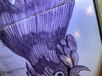 A pair of fine Dutch Delft manganese tile murals with a hen and a rooster, 18th C.