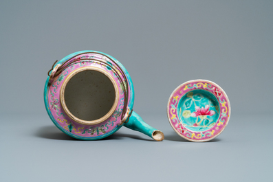 A large Chinese turquoise-ground famille rose teapot for the Straits or Peranakan market, 19th C.