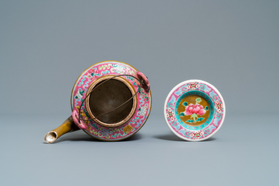 A large Chinese brown-ground famille rose teapot for the Straits or Peranakan market, 19th C.