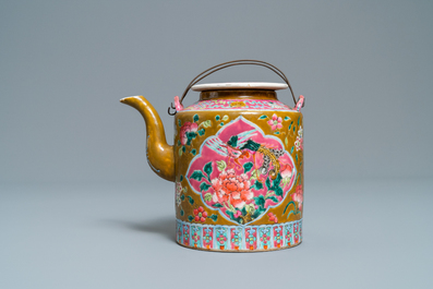 A large Chinese brown-ground famille rose teapot for the Straits or Peranakan market, 19th C.