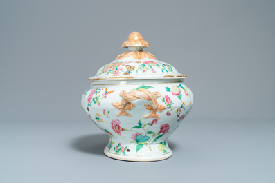 A Chinese Canton famille rose tureen and cover on stand, 19th C.
