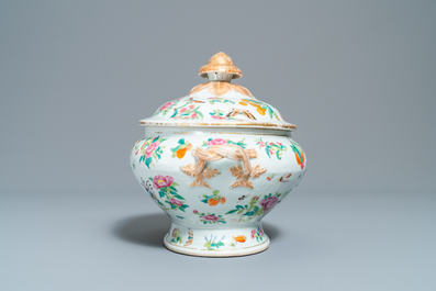 A Chinese Canton famille rose tureen and cover on stand, 19th C.