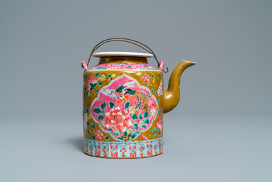 A large Chinese brown-ground famille rose teapot for the Straits or Peranakan market, 19th C.
