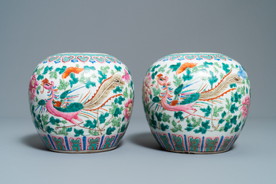 A pair of Chinese famille rose ginger jars with phoenixes, 19th C.