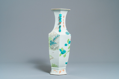 A Chinese hexagonal qianjiang cai landscape vase, 19/20th C.