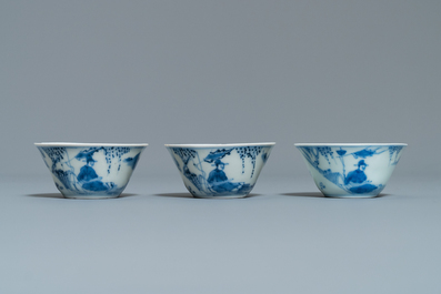 Eight Chinese blue and white cups and saucers, Kangxi/Qianlong