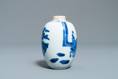 A Chinese blue and white silver-lidded tea caddy, Kangxi
