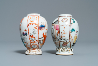 Deux th&eacute;i&egrave;res et deux bo&icirc;tes &agrave; th&eacute; en porcelaine de Chine famille rose, Qianlong