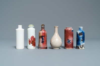 Six Chinese blue and white and copper-red snuff bottles, 19/20th C.