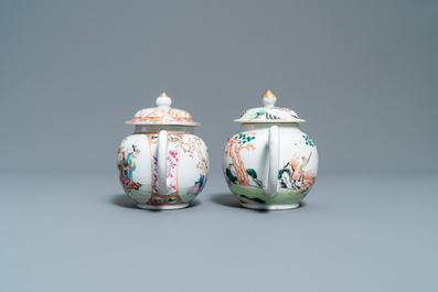 Deux th&eacute;i&egrave;res et deux bo&icirc;tes &agrave; th&eacute; en porcelaine de Chine famille rose, Qianlong