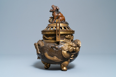 A large Japanese parcel-gilt bronze okimono of Benkei holding a koro or incense burner, attr. to Miyao Eisuke, Meiji, ca. 1900