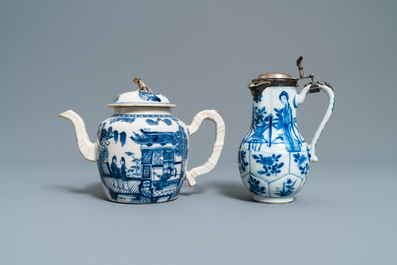 Three Chinese blue and white ewers, a teapot and a metal-mounted vase, Kangxi/Qianlong