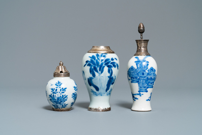 Three Chinese silver-mounted blue and white vases and a teapot, Kangxi