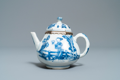 Three Chinese silver-mounted blue and white vases and a teapot, Kangxi