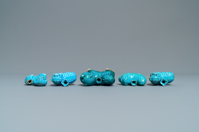 Nine Chinese turquoise-glazed figures and water droppers, Kangxi and later