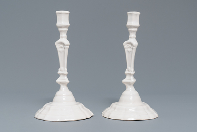A set of six white Delftware candlesticks, France, 18th C.