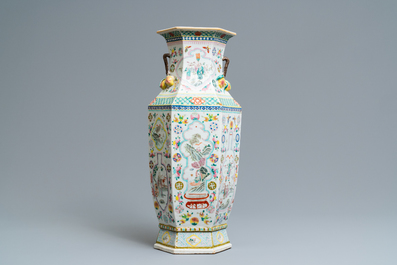 A Chinese hexagonal famille rose 'antiquities' vase and a bowl, 19th C.