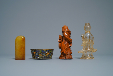 A varied selection of Chinese porcelain, bronze, wood and hardstone, 19/20th C.