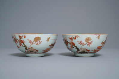 Three Chinese iron red and gilt plates and two bowls, Kangxi/Yongzheng