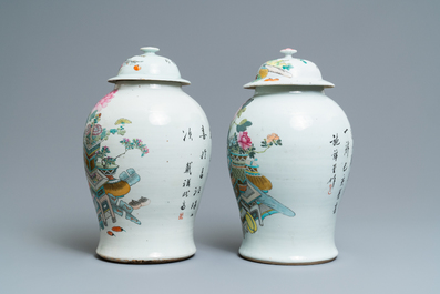 Two Chinese qianjiang cai vases and covers with antiquities, 19th C.