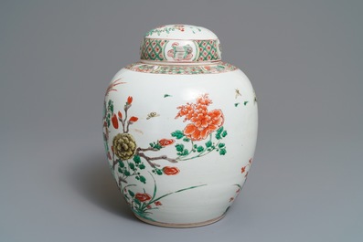 A Chinese famille verte ginger jar and cover, Kangxi