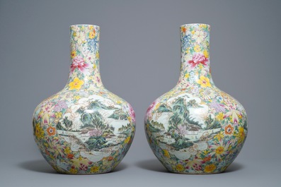 A pair of Chinese famille rose millefleurs bottle vases, Qianlong mark, ca. 1900
