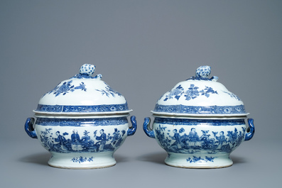 A pair of Chinese blue and white tureens with ladies in a garden, Qianlong