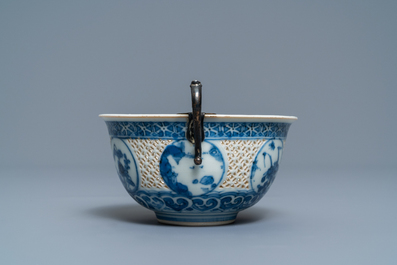 A Chinese silver-mounted blue and white reticulated bowl, Transitional period