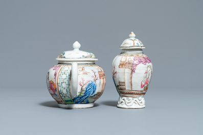 A Chinese famille rose teapot and caddy with a lady holding a small dog, Yongzheng/Qianlong