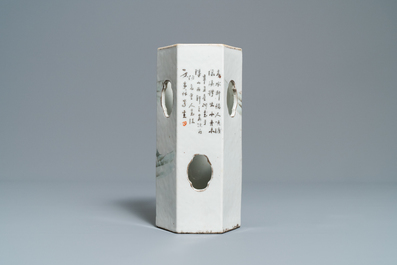 A Chinese hexagonal qianjiang cai hat 'landscape' hat stand, 19/20th C.