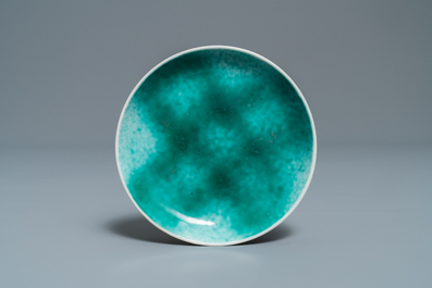 Seven Chinese monochrome green and turquoise porcelain wares, 19/20th C.
