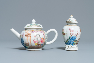 Une th&eacute;i&egrave;re et une bo&icirc;te &agrave; th&eacute; en porcelaine de Chine famille rose &agrave; d&eacute;cor d'une dame et son petit chien, Yongzheng/Qianlong