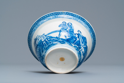 A Chinese blue and white bowl with an unusual scene with slaves, Qianlong